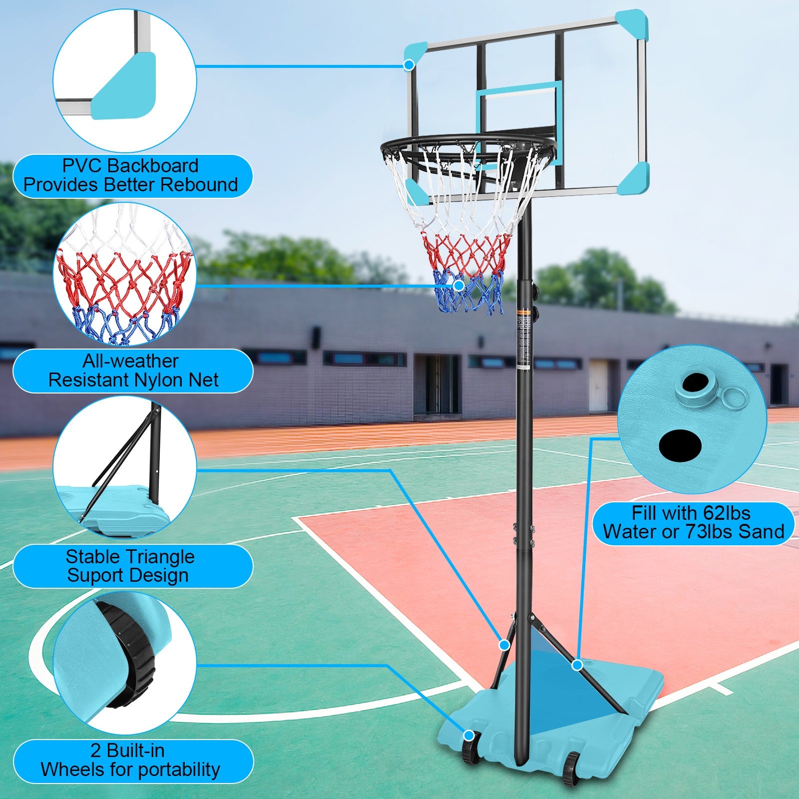 Portable Adjustable Basketball Hoop System with Wheeled Stable Base