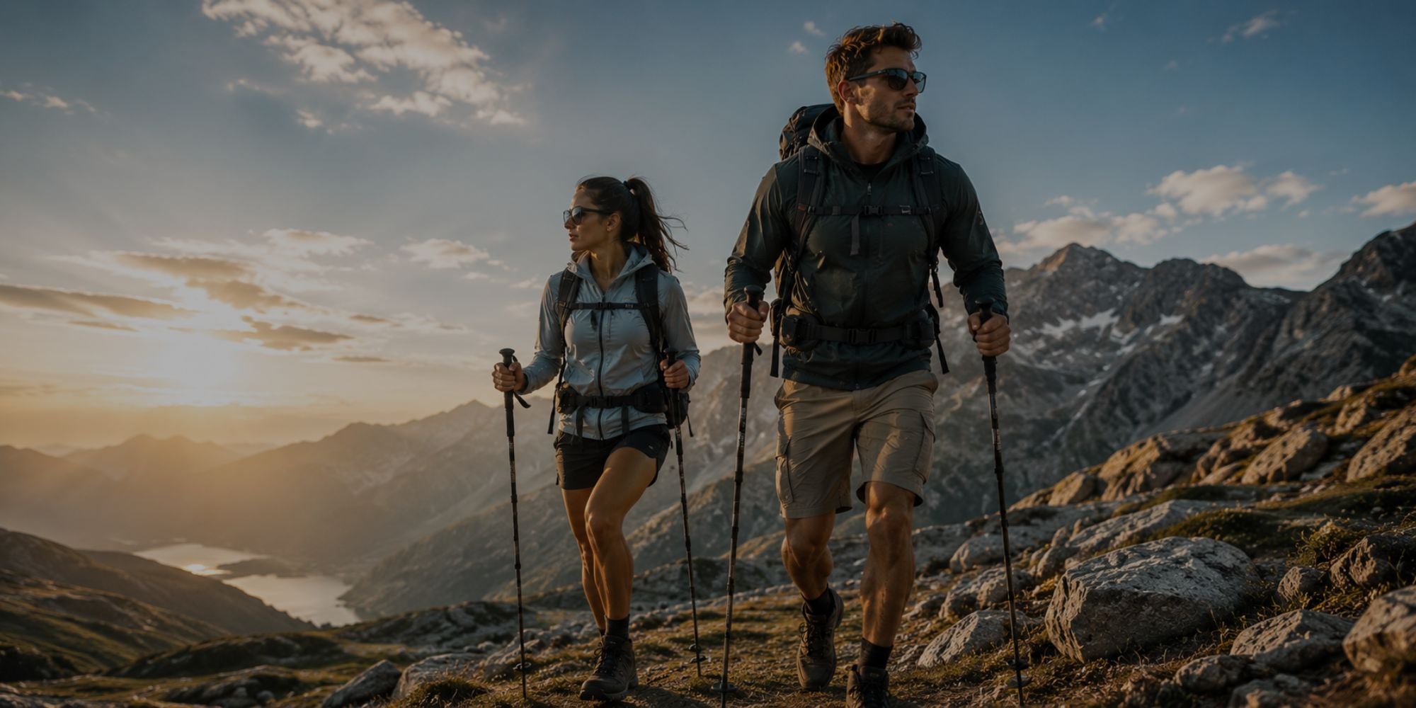 Two hikers walking on a mountain trail with a scenic view of mountains and sunset.