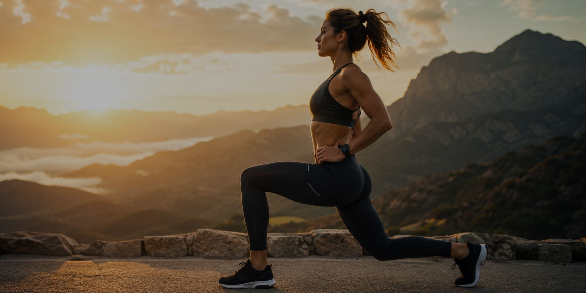 Woman in athletic wear performing a lunge on a mountain at sunset